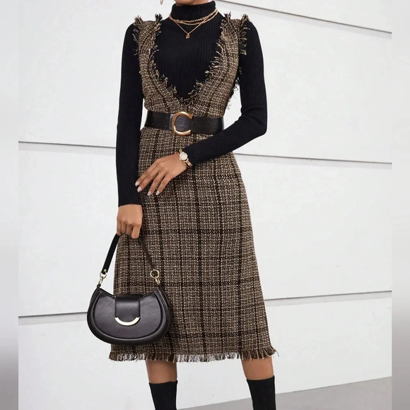 Plaid Print Raw Trim Overall Dress Without Belt - Picture 1 of 4